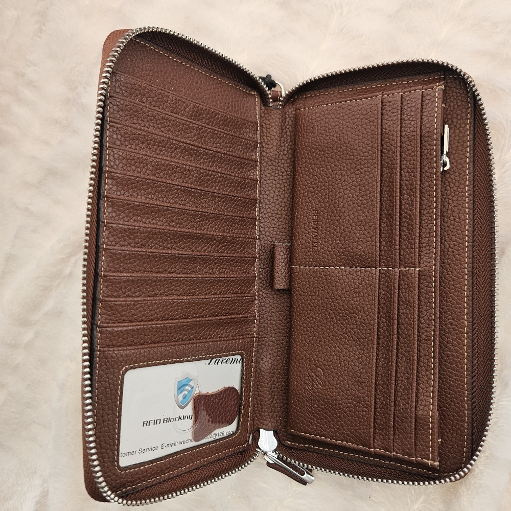 RFID Brown 100% Real Pebbled Leather Wallet Fits Phone and Passport  Wristlet - Picture 6 of 7